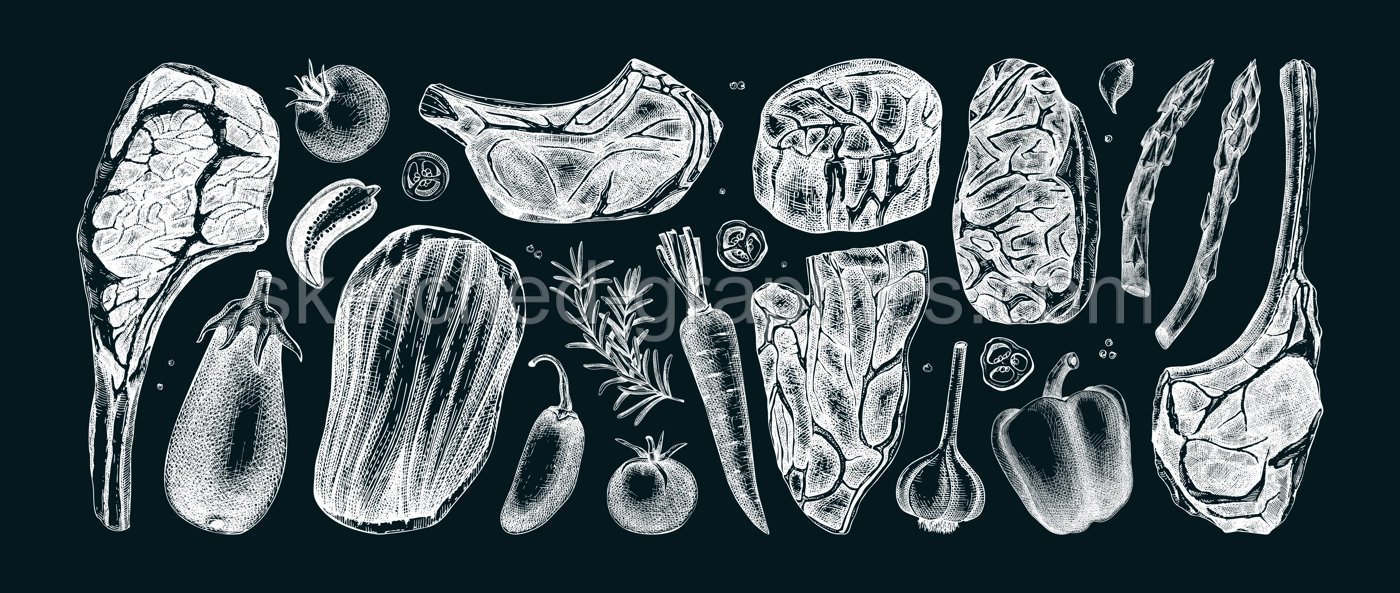 Healthy food sketches set. Meat and vegetable vector icons on chalkboard. Raw steaks drawings. Hand drawn food illustrations. NOT AI generated Illustration